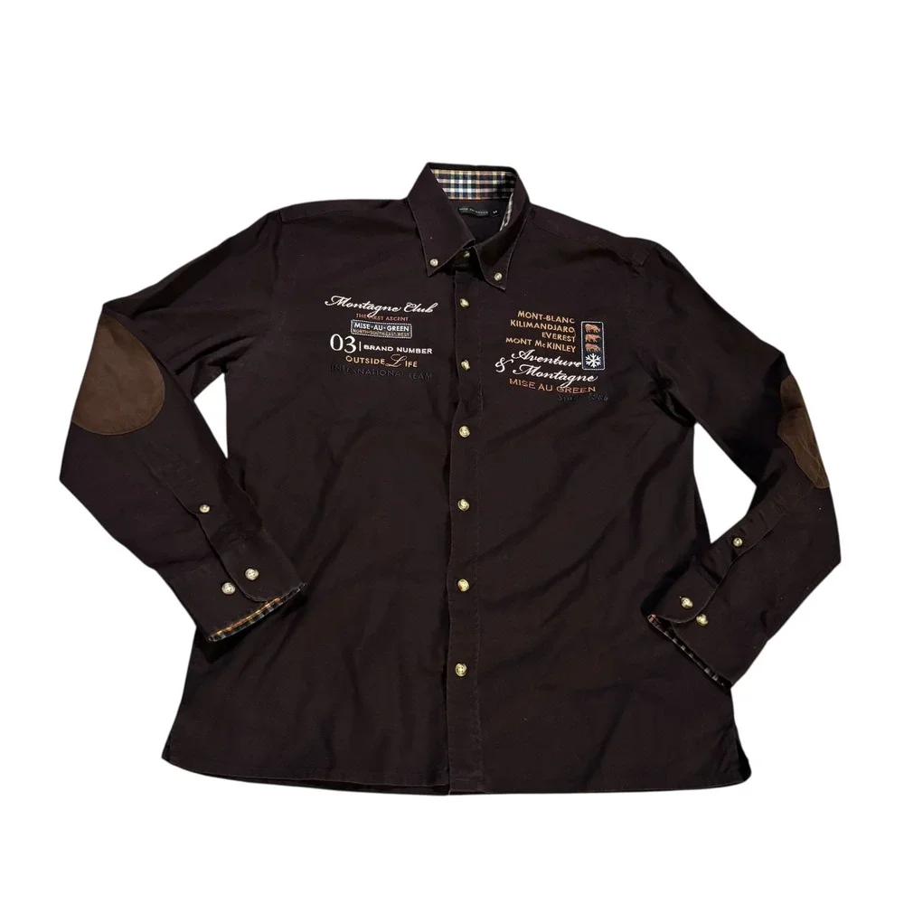 Mise Au Green Men's Brown Button‎ Down Size M Embroidered Mountain Adventure